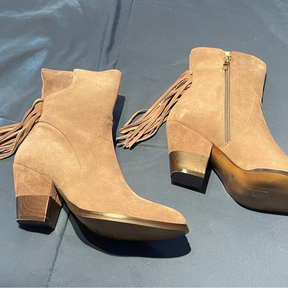 MischkaPu Brown Suede Fringe Booties